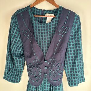 Vintage Lady Dorby Blue & Green Gingham Maxi Dress & Vest Size 16W Cottagecore